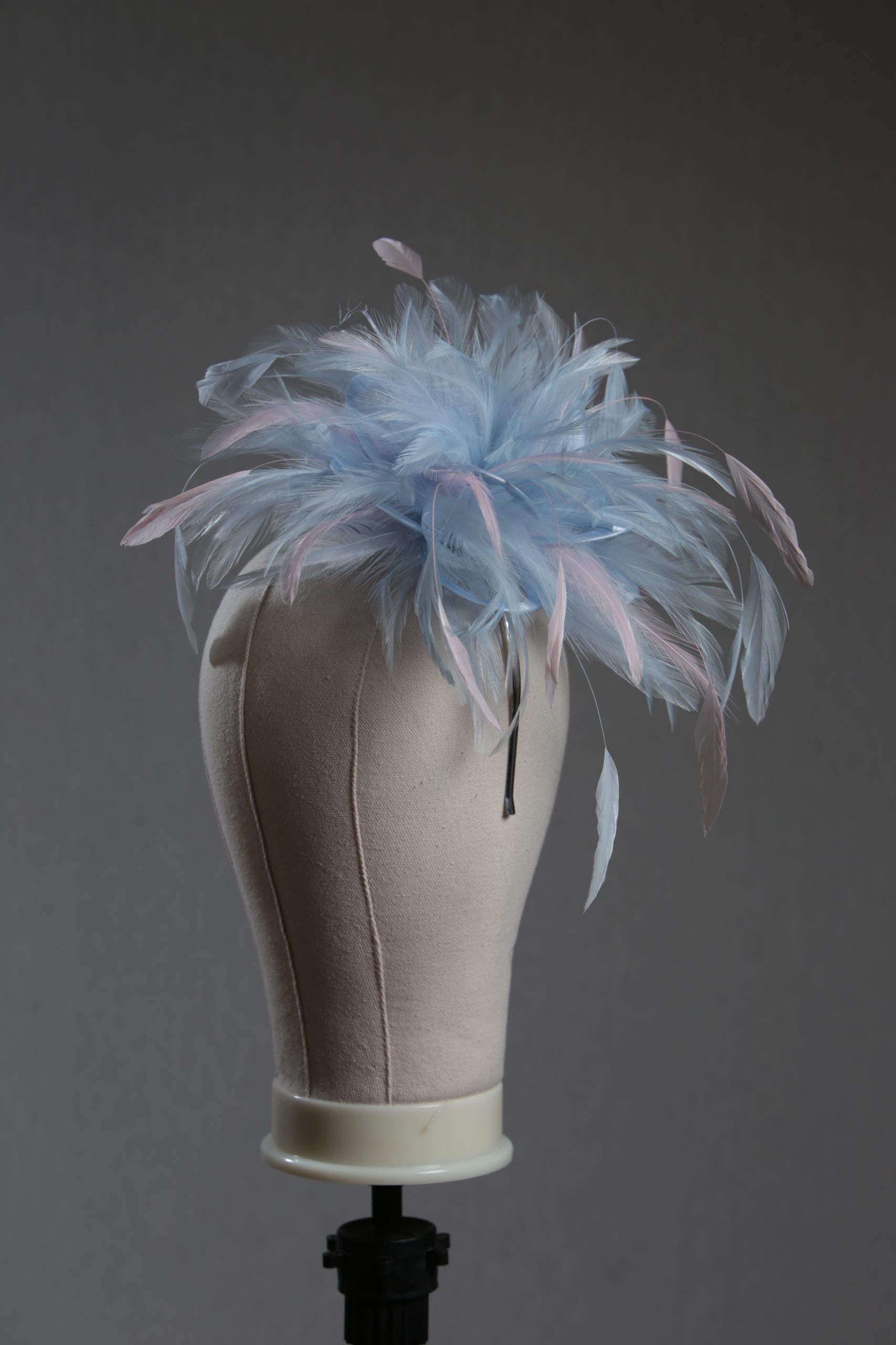 Ladies wedding or races baby blue and baby pink small feather and satin loop fascinator hat