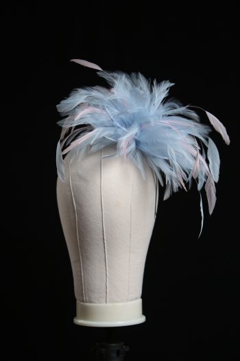 Ladies wedding or races baby blue and baby pink small feather and satin loop fascinator hat