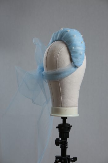 Ladies wedding or races baby blue tulle headband with pearls and bow fascinator