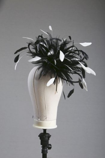 Ladies formal black and white medium feather and satin loop fascinator hat. Suitable for a wedding or ladies day at the races