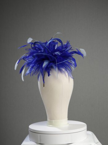 Ladies' formal royal blue and baby blue medium feather and satin loop fascinator hat. Suitable for a wedding or ladies' day at the races
