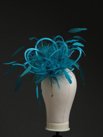 Ladies' formal Turquoise and Teal medium feather and satin loop fascinator hat. Suitable for a wedding or ladies' day at the races